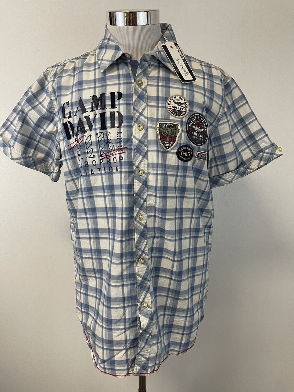 Camp David Shirt Mens Smal Button Up Blue Plaid Embroidered Short Sleeve A13